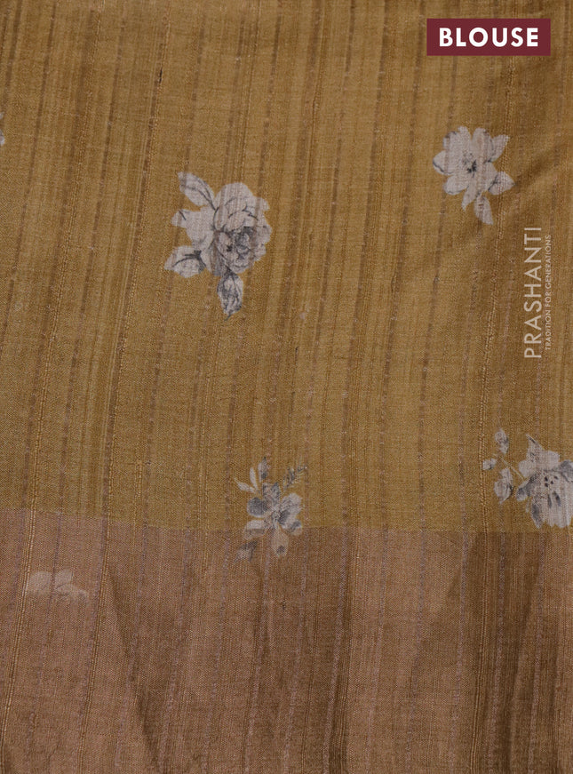 Pure tussar silk saree sandal with floral digital prints and zari woven border