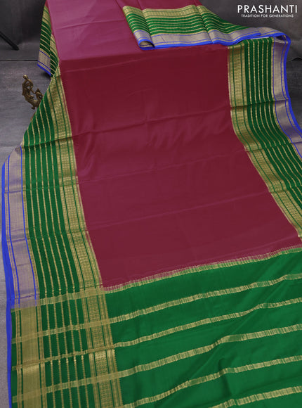 Pure mysore silk saree pink and green blue with plain body and long zari woven border