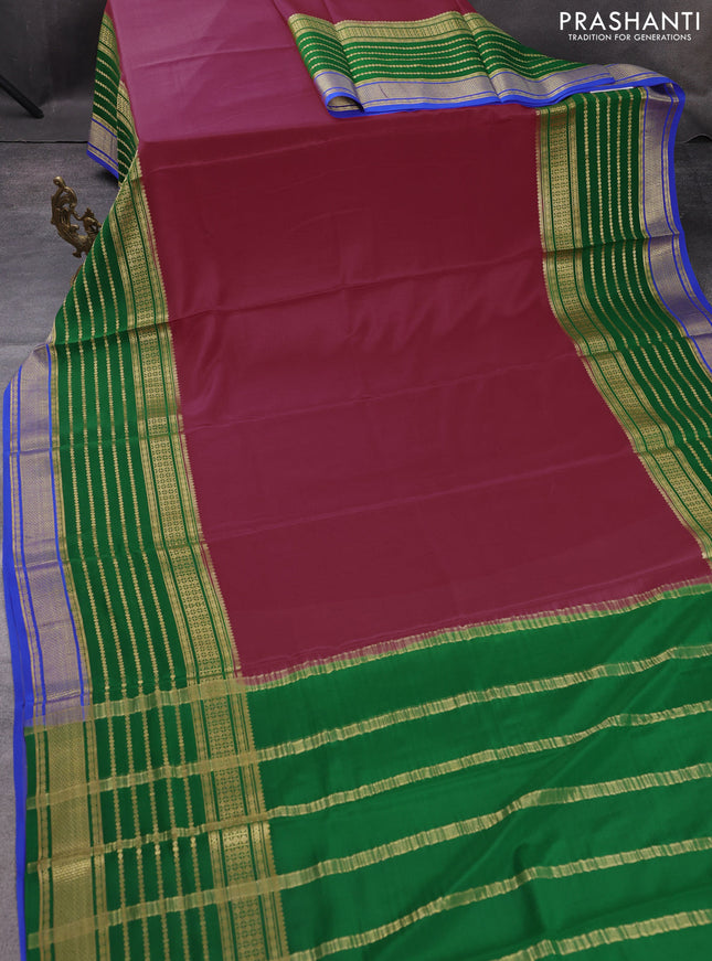 Pure mysore silk saree pink and green blue with plain body and long zari woven border
