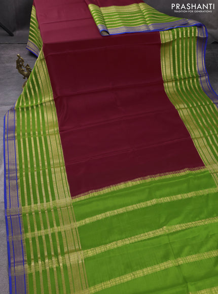 Pure mysore silk saree maroon and green with plain body and long zari woven border
