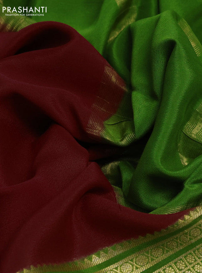Pure mysore silk saree maroon and green with plain body and long zari woven border