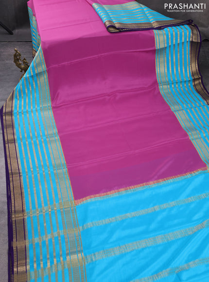 Pure mysore silk saree mauve pink and cs blue violet with plain body and long zari woven border
