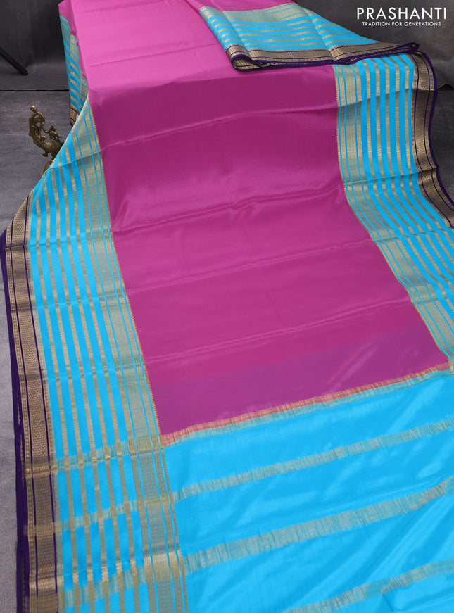 Pure mysore silk saree mauve pink and cs blue violet with plain body and long zari woven border