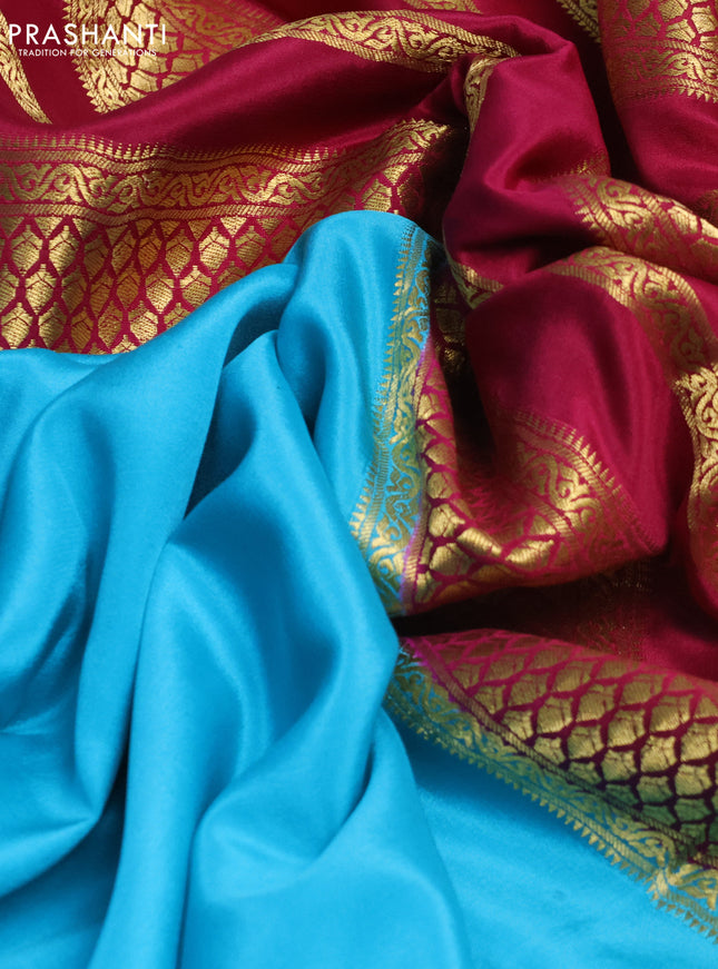 Pure mysore silk saree light blue and pink with plain body and zari woven border