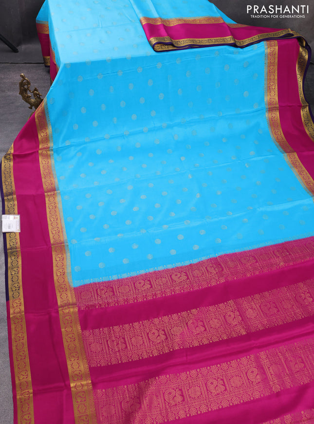 Pure mysore silk saree cs blue and pink with zari woven buttas and rettapet zari woven border