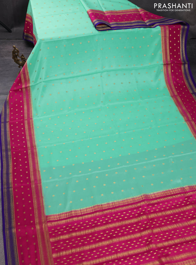 Pure mysore silk saree teal green and pink blue with zari woven buttas and zari woven border