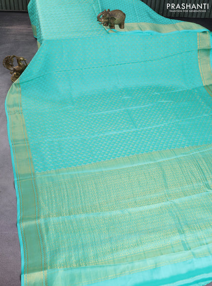 Pure mysore silk saree teal green with allover geometric zari weaves and zari woven border
