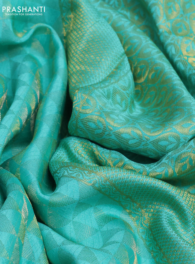 Pure mysore silk saree teal green with allover geometric zari weaves and zari woven border