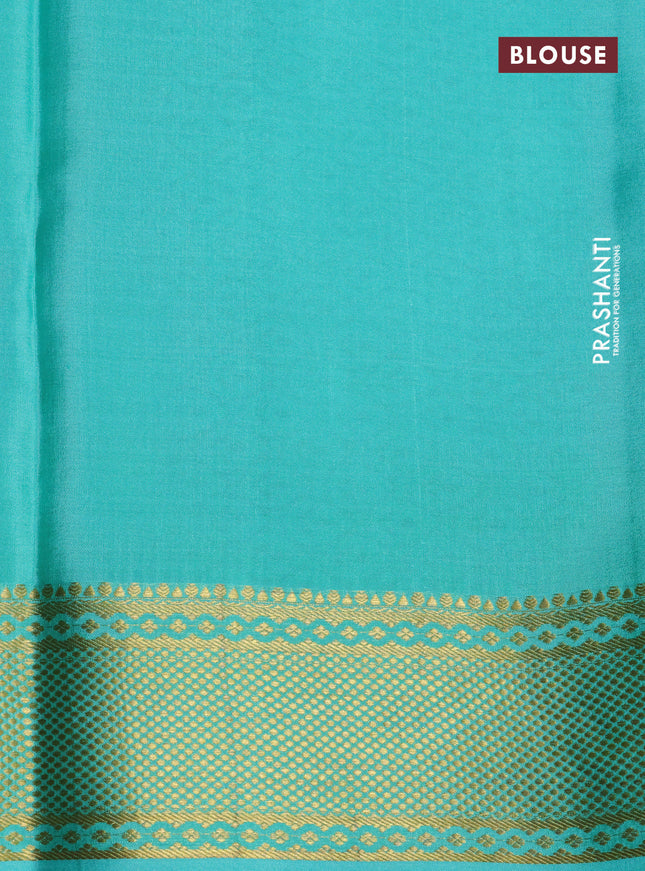 Pure mysore silk saree teal green with allover geometric zari weaves and zari woven border