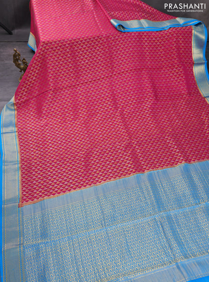Pure mysore silk saree pink and cs blue with allover geometric zari weaves and zari woven border