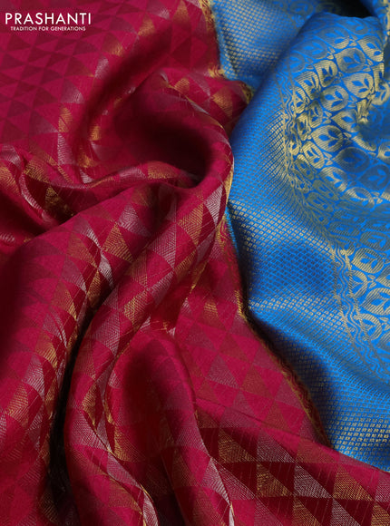 Pure mysore silk saree pink and cs blue with allover geometric zari weaves and zari woven border