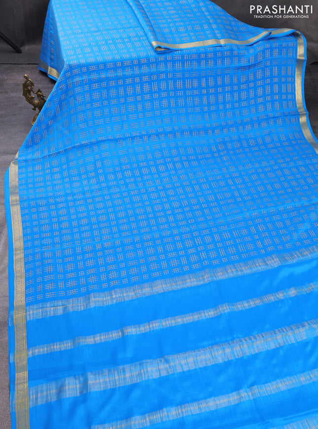 Pure mysore silk saree cs blue with allover geometric zari weaves and zari woven border