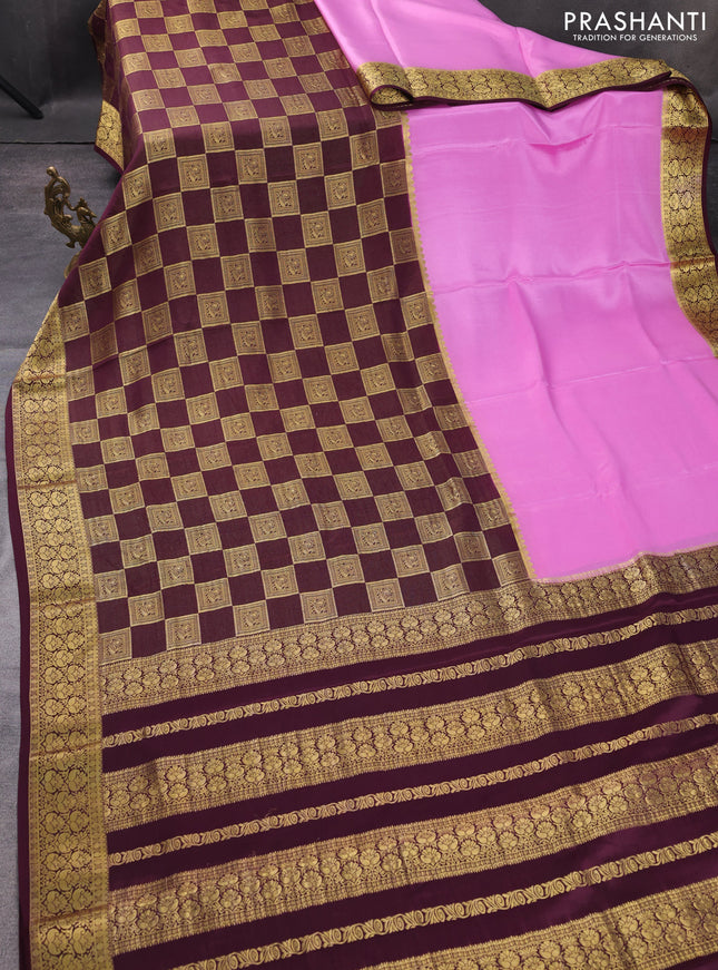 Pure mysore silk saree light pink and deep wine shade with half & half style and zari woven border