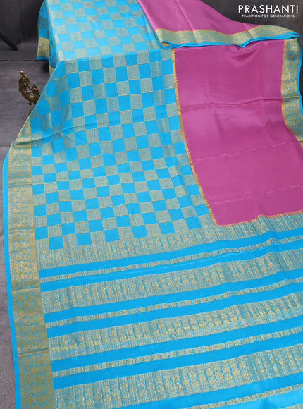 Pure mysore silk saree mauve pink and light blue with half & half style and zari woven border