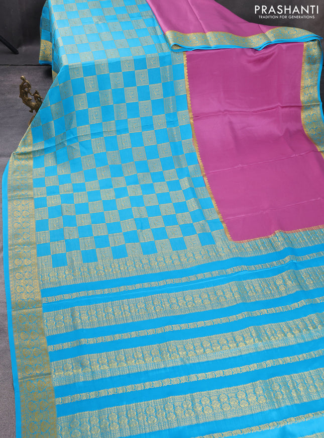 Pure mysore silk saree mauve pink and light blue with half & half style and zari woven border