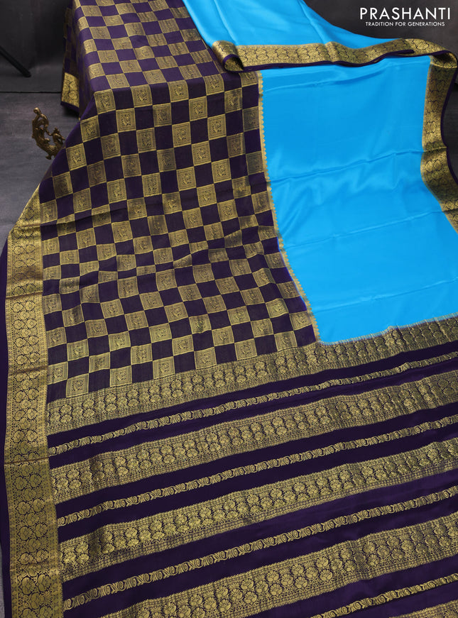Pure mysore silk saree light blue and navy blue with half & half style and zari woven border
