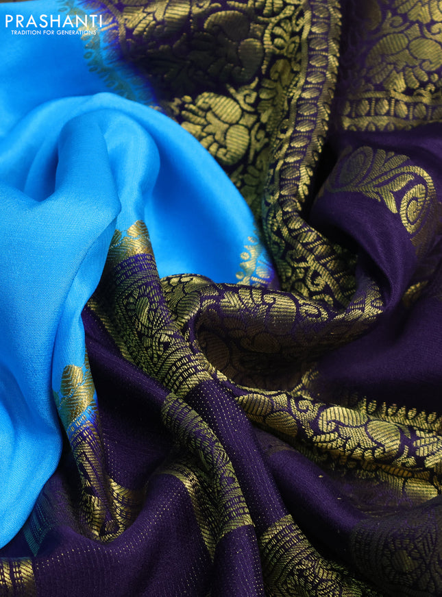 Pure mysore silk saree light blue and navy blue with half & half style and zari woven border