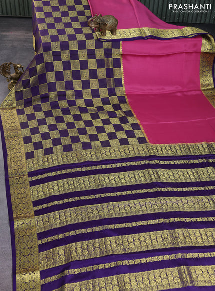 Pure mysore silk saree peach pink and deep violet with half & half style and zari woven border