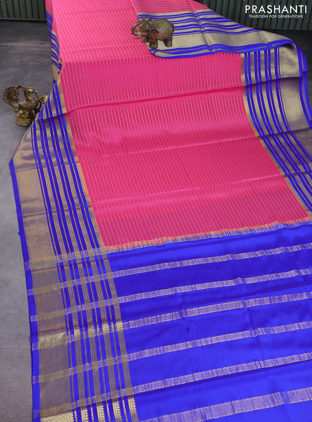Pure mysore silk saree pink and royal blue with allover zari stripes pattern and long zari woven border