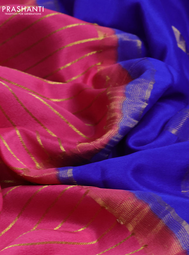 Pure mysore silk saree pink and royal blue with allover zari stripes pattern and long zari woven border