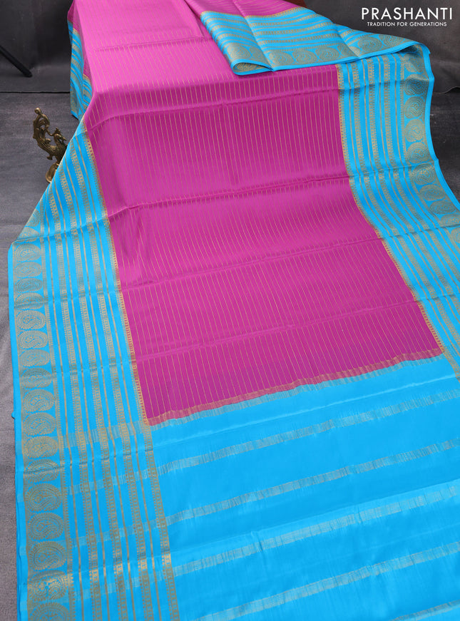 Pure mysore silk saree pink and cs blue with allover zari stripes pattern and long zari woven border