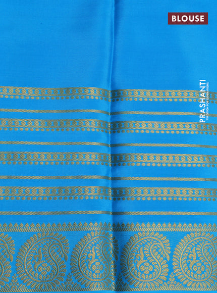 Pure mysore silk saree pink and cs blue with allover zari stripes pattern and long zari woven border