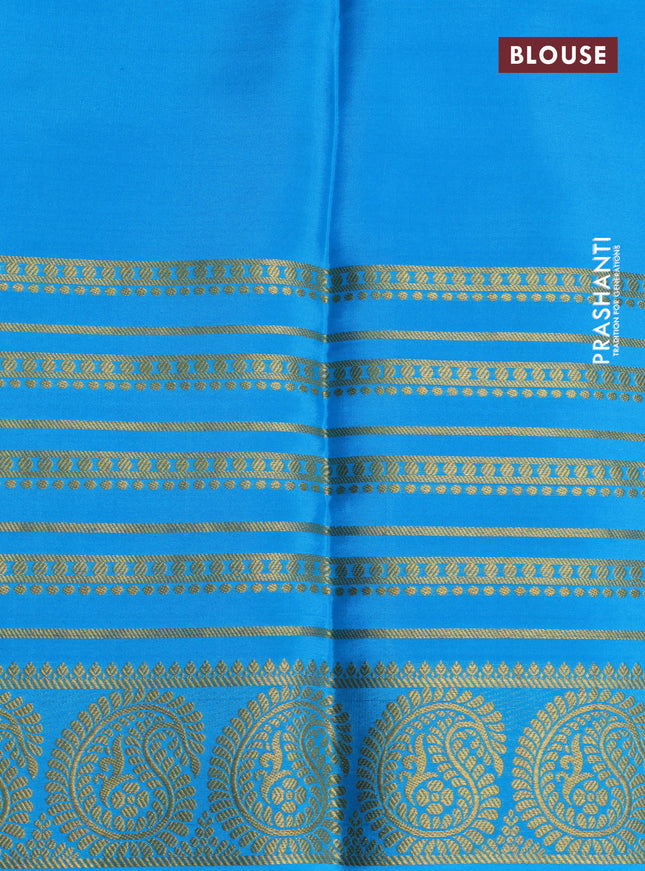 Pure mysore silk saree pink and cs blue with allover zari stripes pattern and long zari woven border