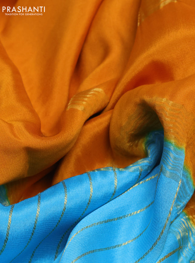 Pure mysore silk saree light blue and mustard yellow with allover zari stripes pattern and long zari woven border