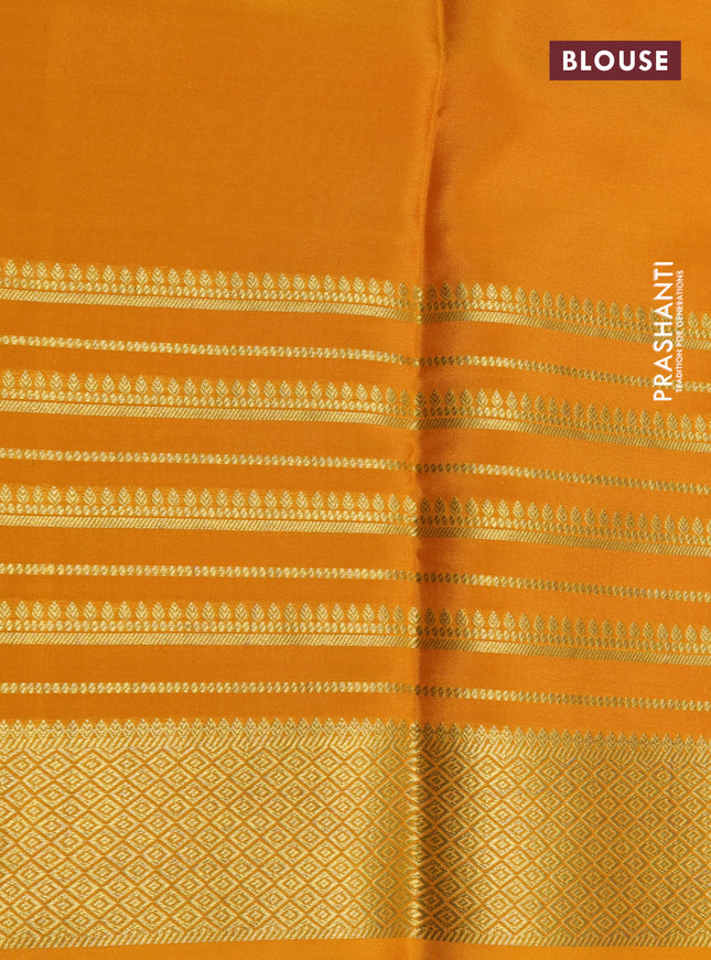 Pure mysore silk saree light blue and mustard yellow with allover zari stripes pattern and long zari woven border