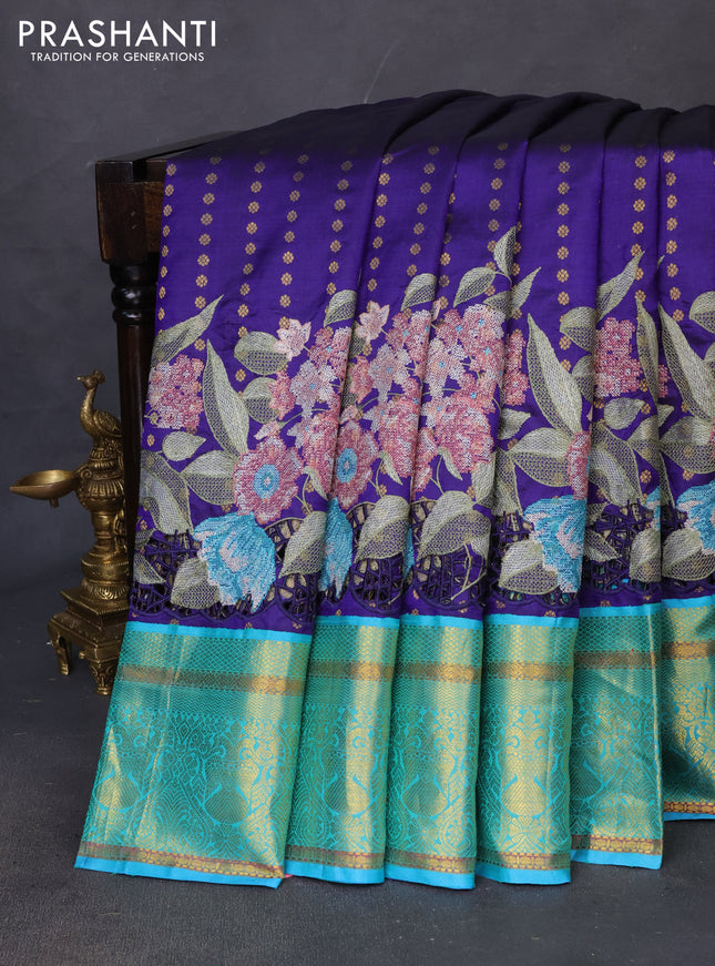 Pure kanchipuram silk saree blue and dual shade of teal blue with allover butta prints and floral embroidery cut work zari border