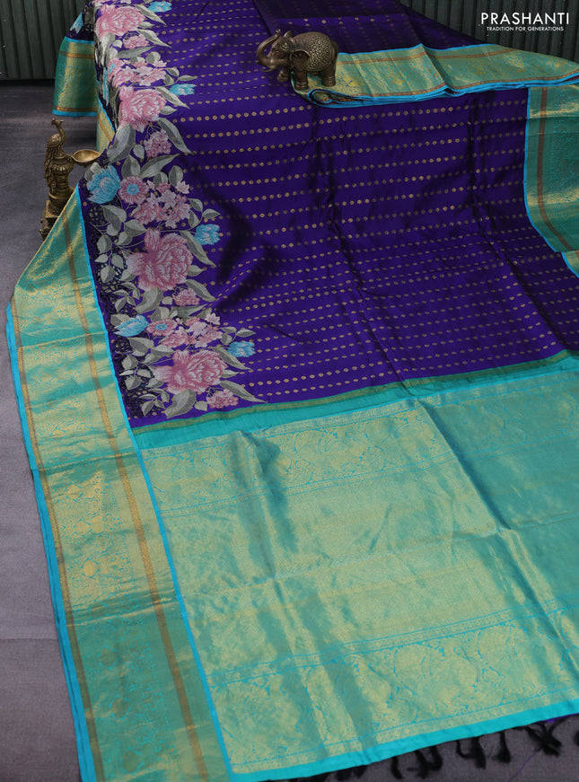 Pure kanchipuram silk saree blue and dual shade of teal blue with allover butta prints and floral embroidery cut work zari border