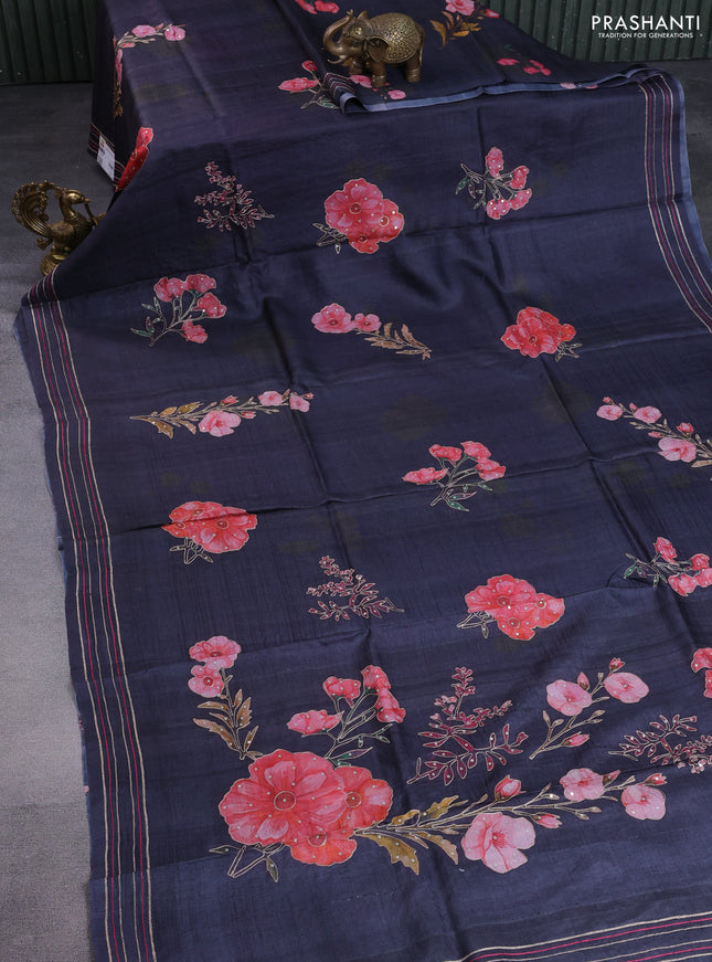Pure tussar silk saree black with floral prints & pita work