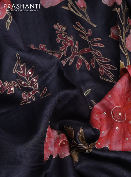Pure tussar silk saree black with floral prints & pita work
