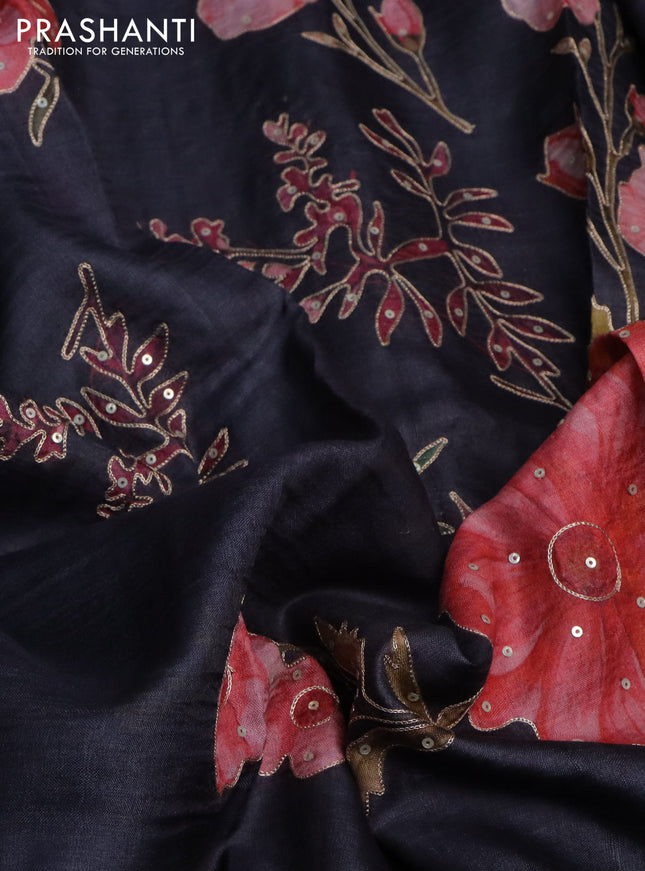 Pure tussar silk saree black with floral prints & pita work
