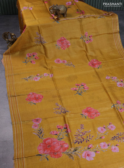 Pure tussar silk saree mustard yellow with floral prints & pita work
