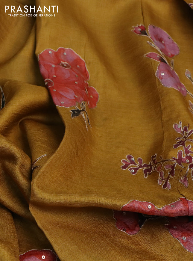 Pure tussar silk saree mustard yellow with floral prints & pita work