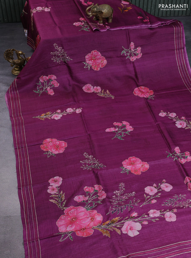 Pure tussar silk saree wine shade with floral prints & pita work