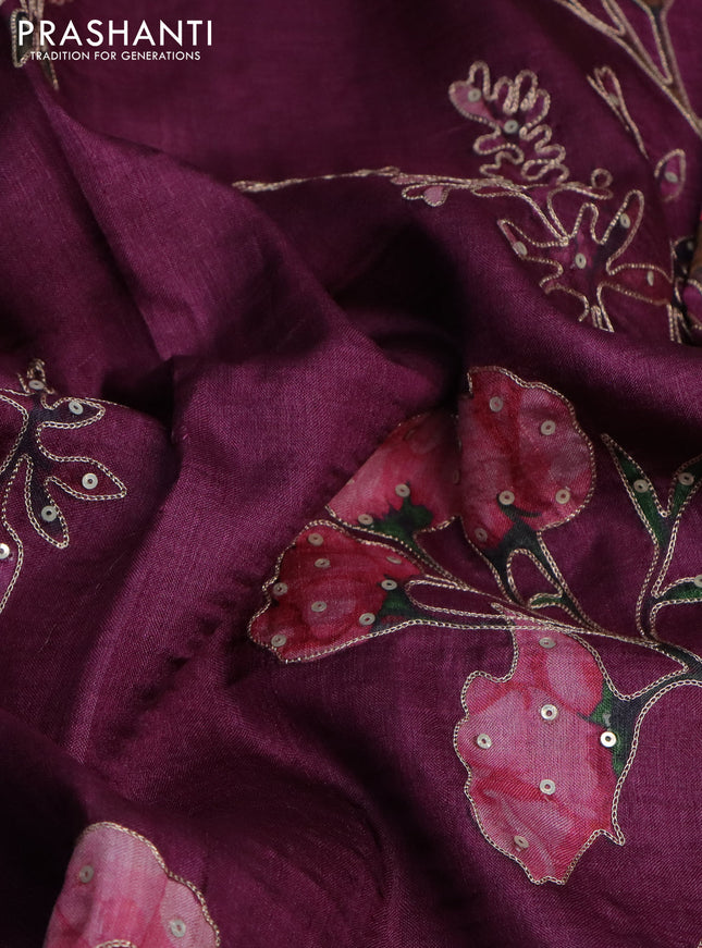 Pure tussar silk saree wine shade with floral prints & pita work