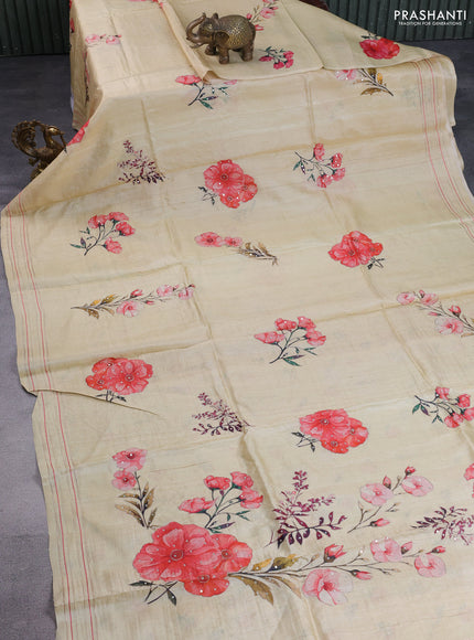 Pure tussar silk saree cream with floral prints & pita work
