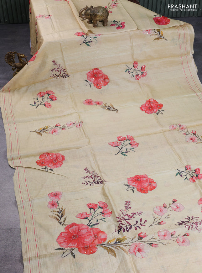 Pure tussar silk saree cream with floral prints & pita work