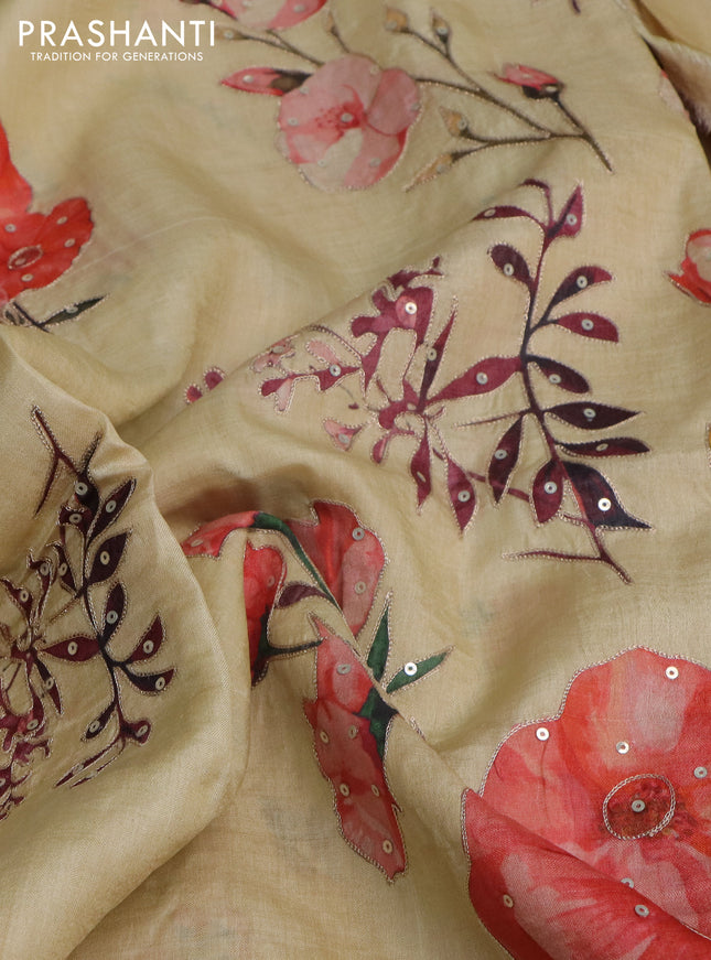 Pure tussar silk saree cream with floral prints & pita work