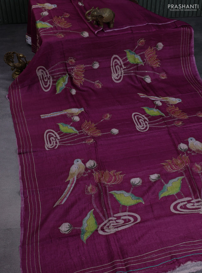 Pure tussar silk saree wine shade with pichwai prints & pita work