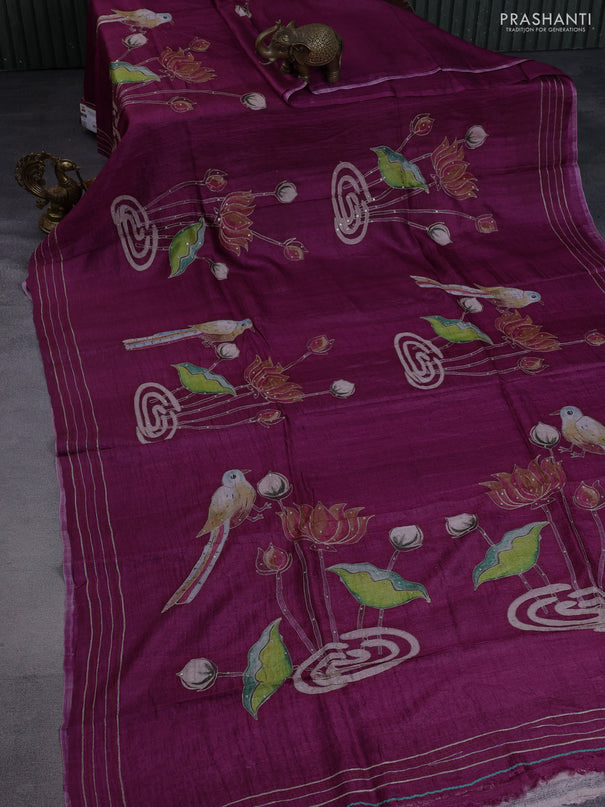 Pure tussar silk saree wine shade with pichwai prints & pita work