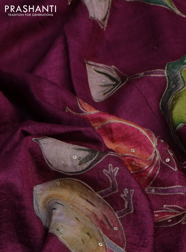 Pure tussar silk saree wine shade with pichwai prints & pita work
