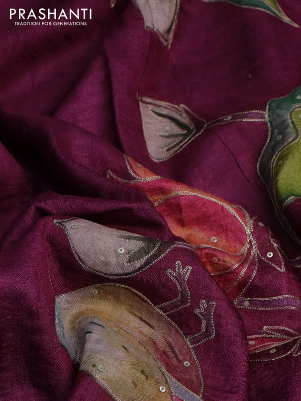 Pure tussar silk saree wine shade with pichwai prints & pita work