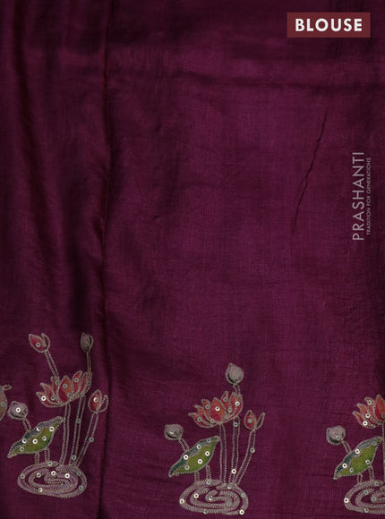 Pure tussar silk saree wine shade with pichwai prints & pita work