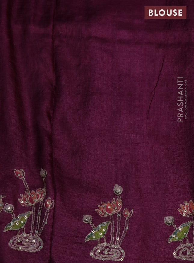 Pure tussar silk saree wine shade with pichwai prints & pita work