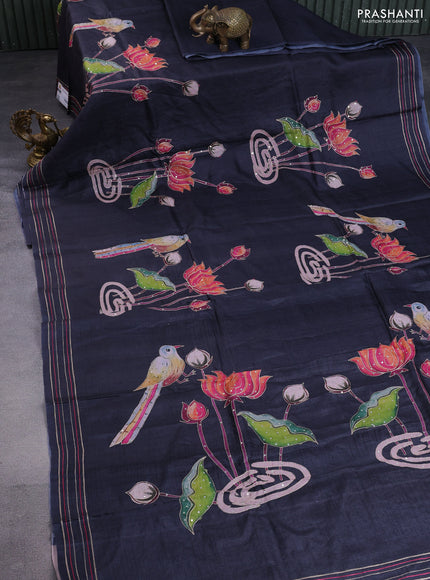 Pure tussar silk saree elephant grey with pichwai prints & pita work