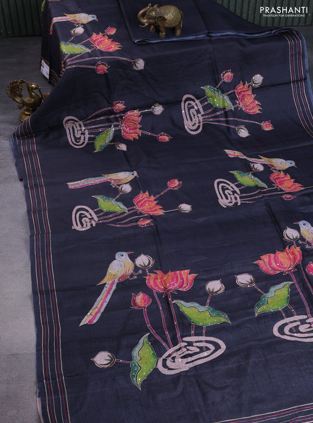 Pure tussar silk saree elephant grey with pichwai prints & pita work