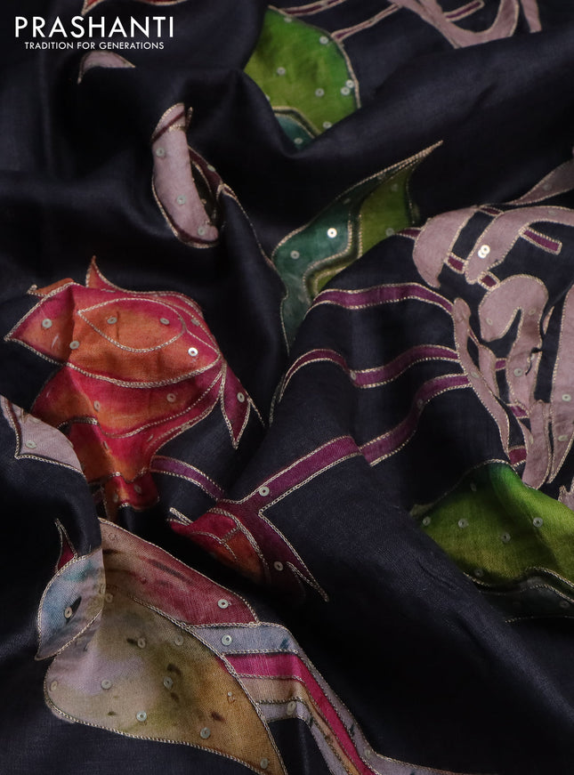 Pure tussar silk saree elephant grey with pichwai prints & pita work